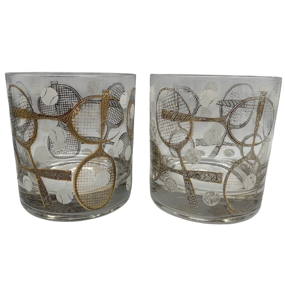2 Vtg Georges Briard Tennis Rocks Glasses Racquets Balls MCM Tumblers Whiskey